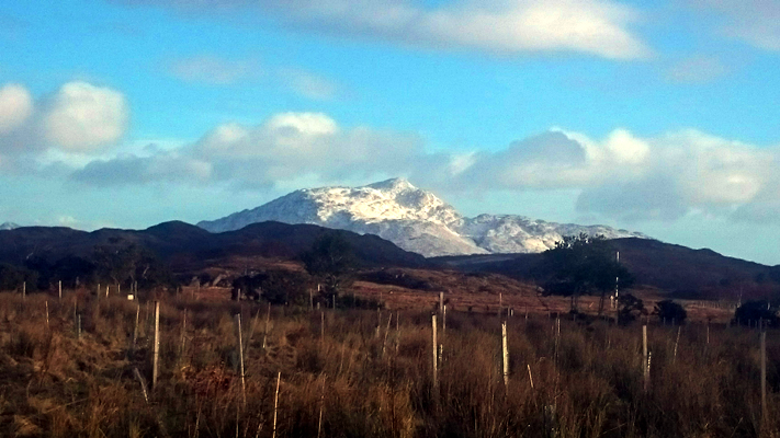 View of Ben Resipole behind caravans, Ardnamurchan Scotland